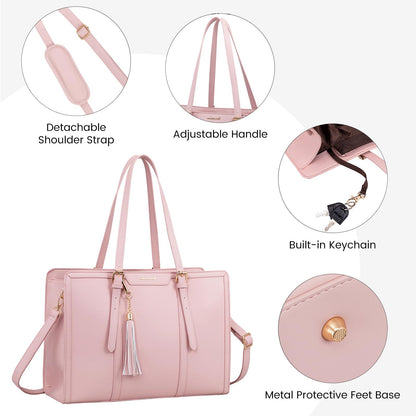 LOVEVOOK Laptop Bag for Women - 15.6 inch Lightweight PU Laptop Tote, Large Capacity Computer Bag with Clutch Purse for Business, Work, Office, Travel, Pink