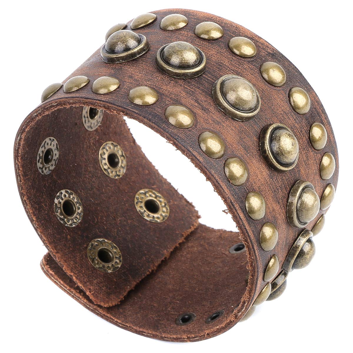 STWTR Men's leather wide waistband Wrist Cuff Bracelet Fashion Bracelet simple coffee adjustable