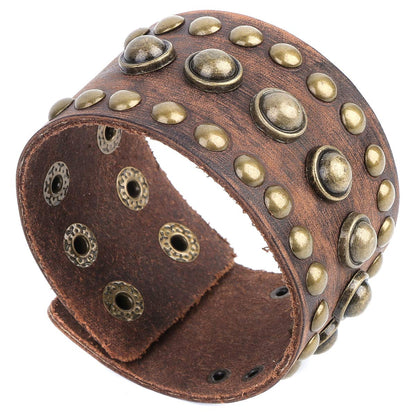STWTR Men's leather wide waistband Wrist Cuff Bracelet Fashion Bracelet simple coffee adjustable