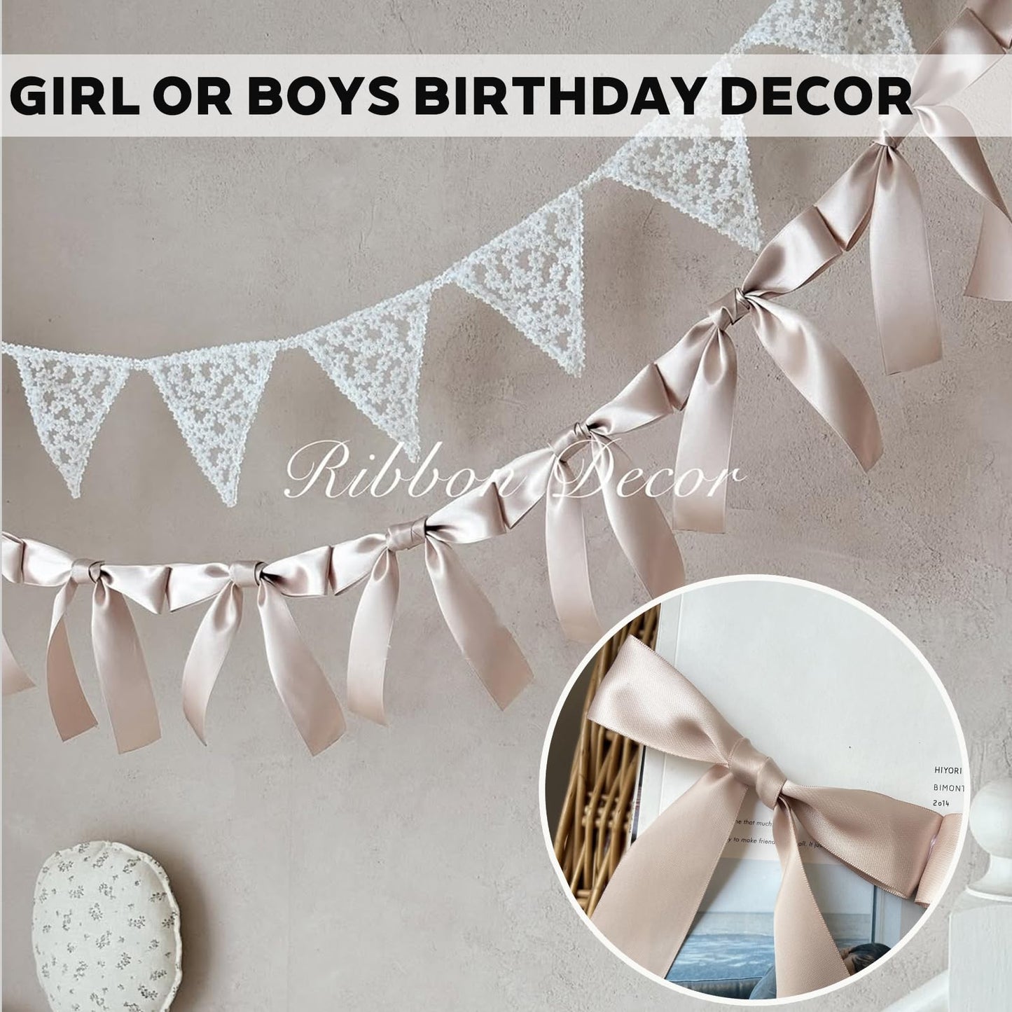 Dusty Pink Bow Garland, Pre-Assembled 6 ft – Single Accent Decoration for Bridal Shower, Baby Shower & Birthday Parties | Soft Matte Satin Bows (Dusk Rose)