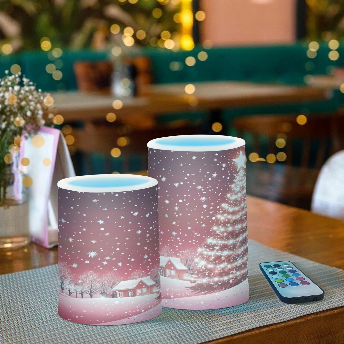 Eionryn Christmas Tree Snow House Flameless Candles Battery Operated LED Candles with Remote Timer Electric Candles for Home Party Decor 2pcs