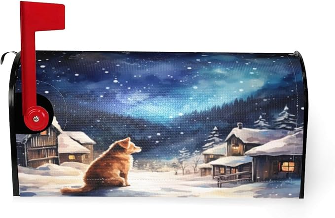 DADABULIU Mailbox Covers Winter Dog Christmas Snow Winter Dog Christmas Snow Magnetic Letter Post Box Cover Standard Size 25.5 x 21 Inch Garden Yard Home Decorative