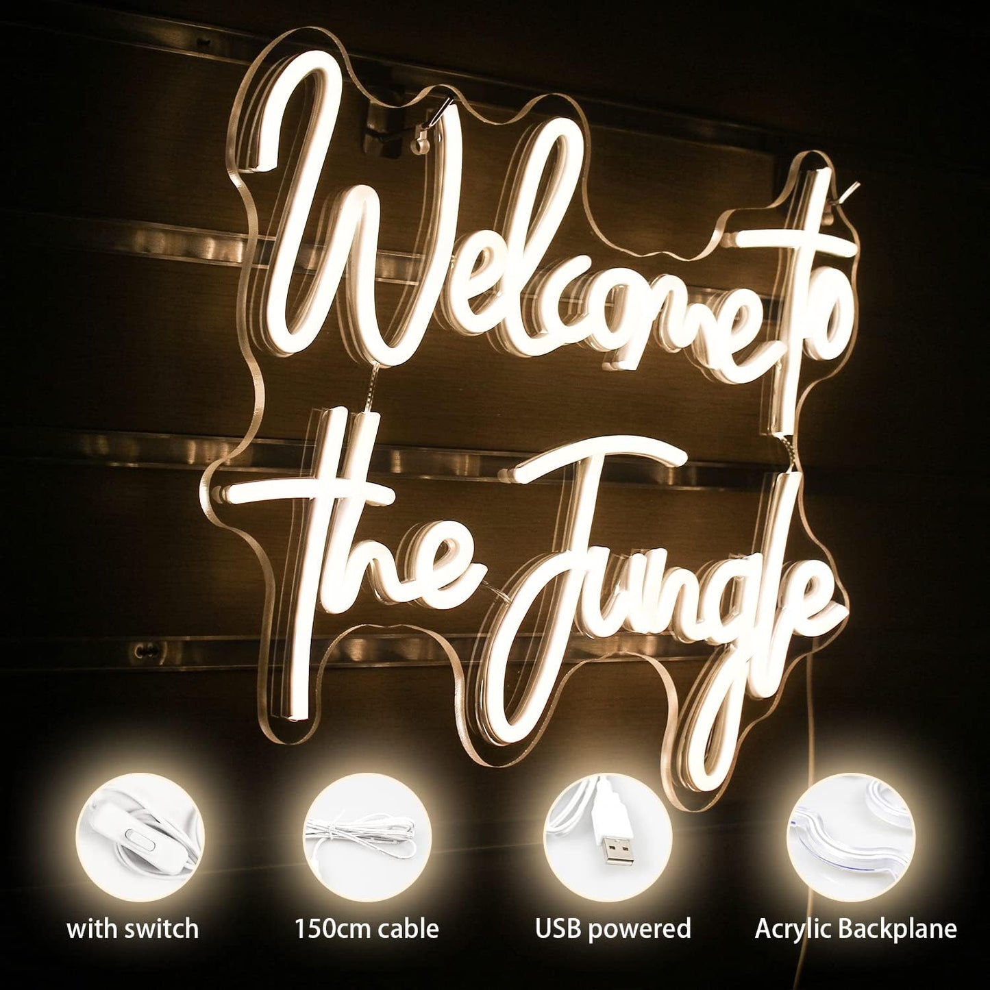 ineonlife Welcome to the Jungle Neon Sign Warm White Letter LED Neon Lights for Bedroom Wall Decor USB Powered Neon Signs for Room Decor Bar Party Wedding Engagement Wall Hanging Decoration