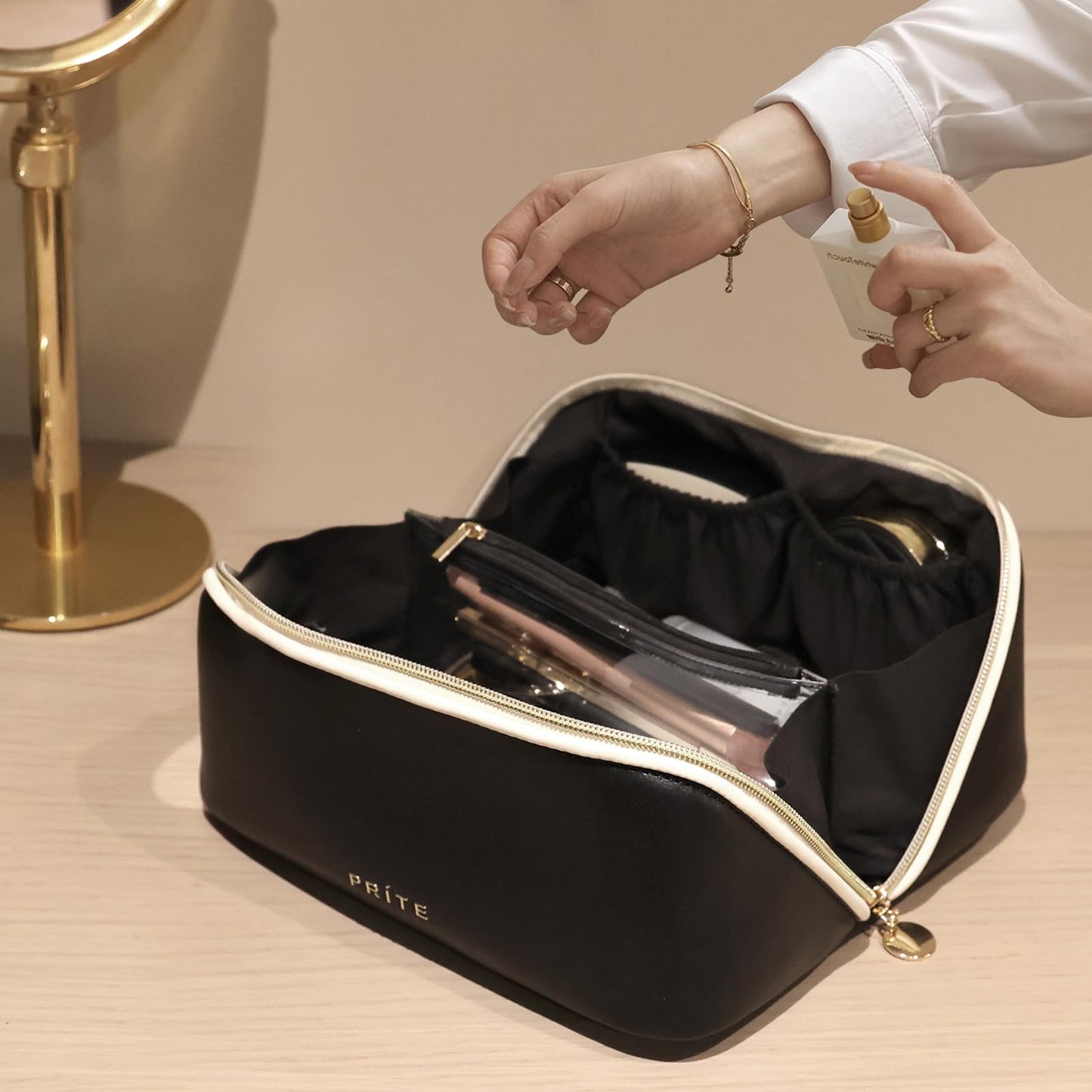 Prite Makeup Bag for Women Travel Waterproof Vegan Leather Cosmetic Bag Open Flat Toiletry Bag With Clear Divider and Handle (Black, Medium)