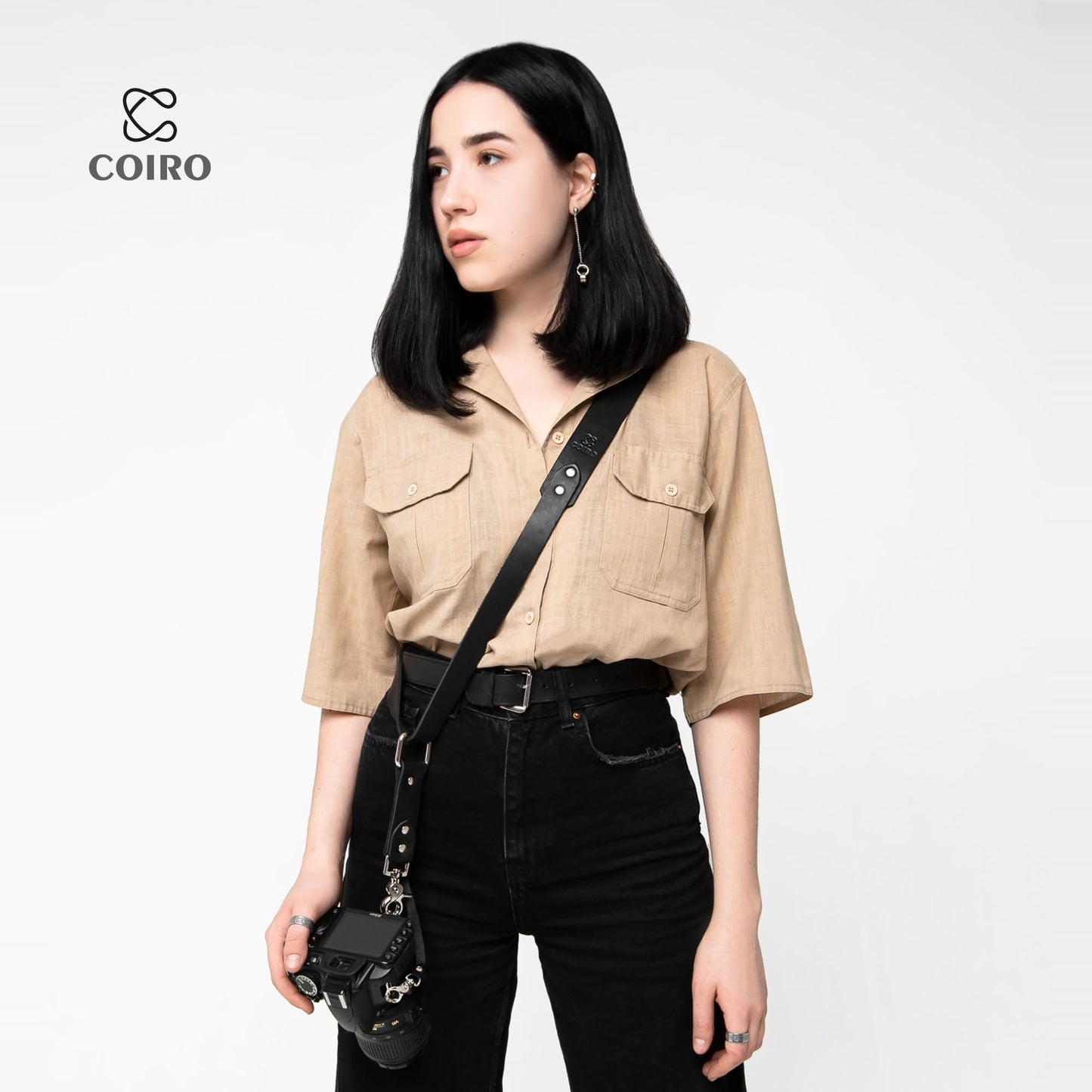 C Coiro Leather Camera Strap for One Camera - Professional Single Leather Harness Shoulder Strap Quick Release Gear DSLR/SLR, Camera Accessories for Photography, Black