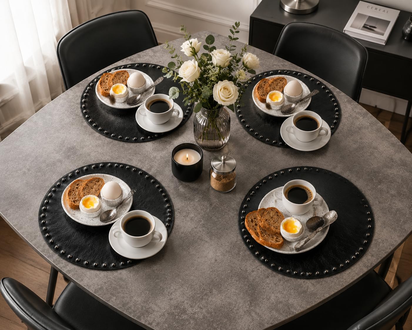FAVE Black Faux Leather Placemats 13.78Inches Round Placemat Set of 2 Heat Resistant Place Mats for Kitchen Table Wipeable Fall Placemats Table Mats with Rivets High Texture Placemat (Black)