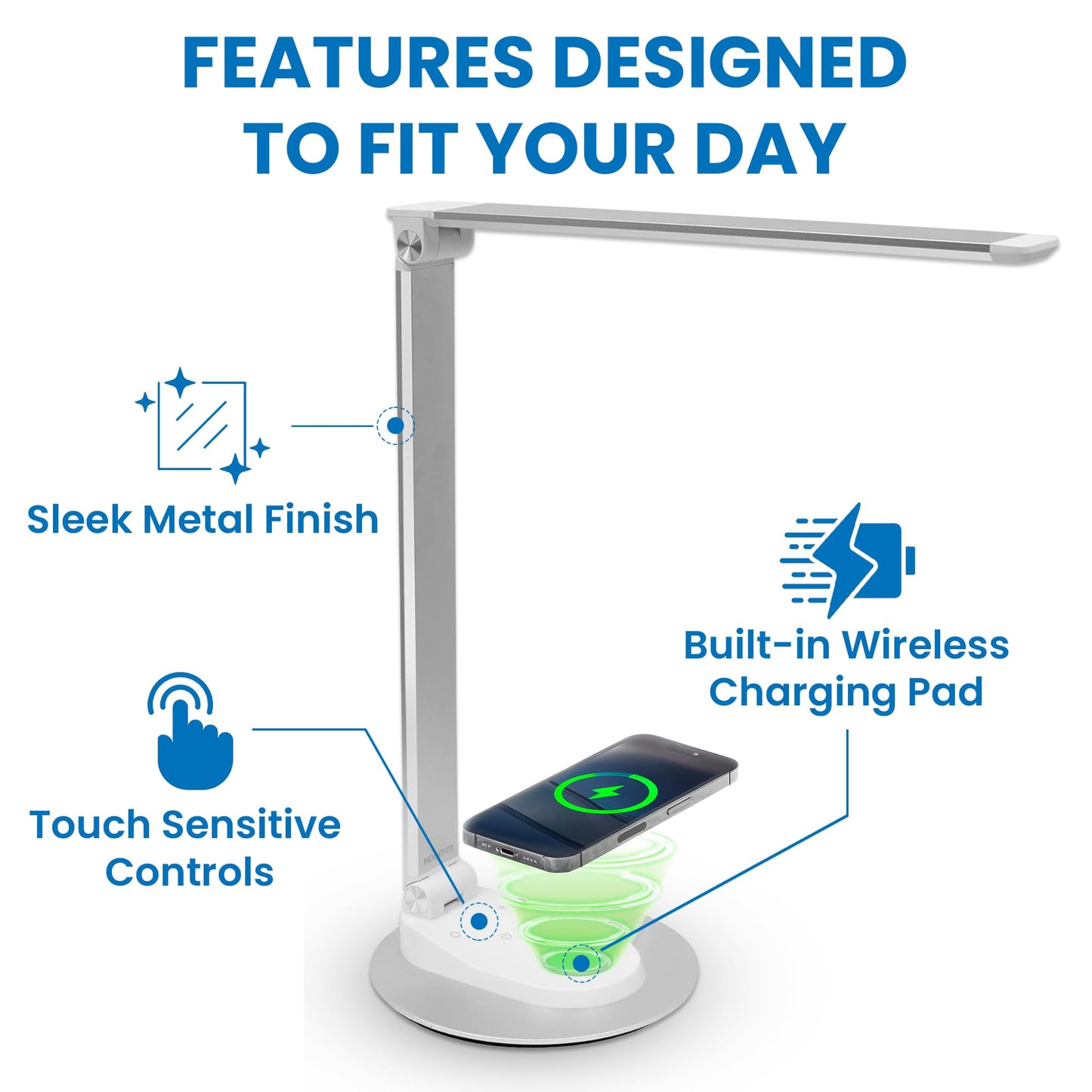 Mount-It! LED Desk Lamp with Wireless Charger and USB-C Charging Port, Dimmable Desk Lamp with 25 Brightness and Color Modes, for Home or Office, Adjustable Arm, Silver/White