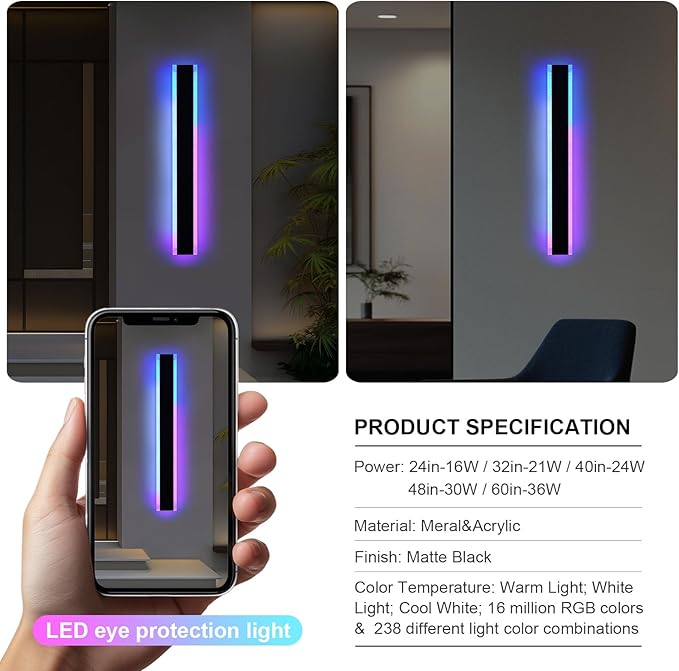 2 Pack RGB Outdoor Long Wall Lights Fixture, 32 inch Exterior Long Linear Lighting, Dimmable Outside Wall Sconce Linear Lights, Outside LED Long Lights for Patio, Porch, Garage, Front Door