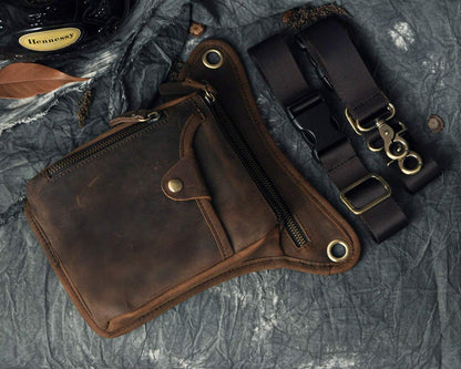 Le'aokuu Mens Genuine Leather Outdoor Sporting Hicking Waist Hip Pack Messenger Shoulder Drop Leg Thigh Bag Pouches For Women (211-5 0 Dark Brown)