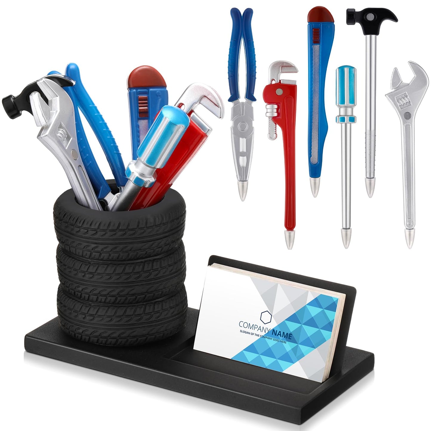 Feifeiya 7 Pcs Tire Pen Holder Tire Shape Funny Desk Accessories Include 6 Pcs Novelty Tool Car Business Card Holder Gift for Men Father's Day Mechanic Car Lover Salesman(Black,Metal)