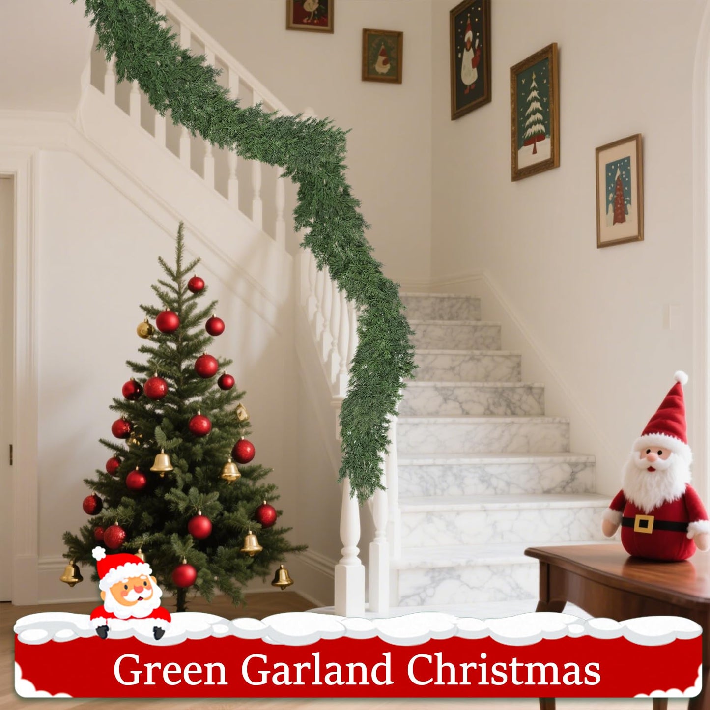 9Ft Christmas Garland Realistic Fuller,Natural Droopy,Bendable Stairs Railing Mantle Garland for Table Mantle Wall, Indoor Outdoor Lifelike Christmas Cedar Pine Decorations (Pine)