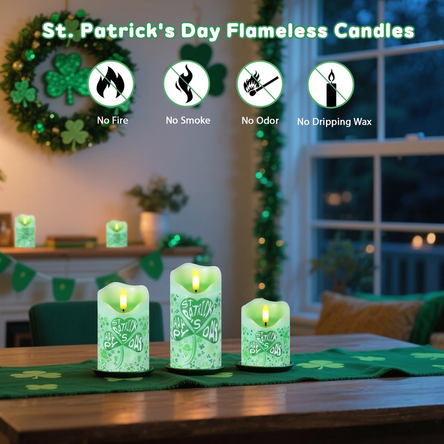 Flameless Candles Lights, Set of 3 Flickering St. Patrick's Day Pillar Candles with Remote & Timer, Dimmable Real Wax Shamrock LED Candles Battery Operated for Home St. Patrick's Day Decor (Clover)