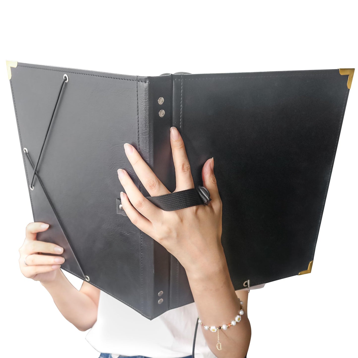 GraduatePro Elastic Music Sheet Holder 9.5" x 12" PU Leather Choir Music Folder with Hand Strap for Piano Particle and Stage Performance