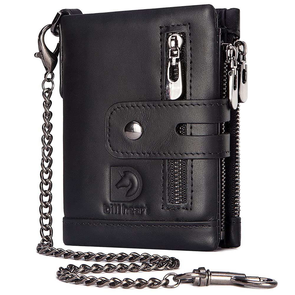 Mens Wallet with Chain Genuine Leather Purse RFID Blocking Bifold Double Zipper Coin Pocket with Anti-Theft Chain