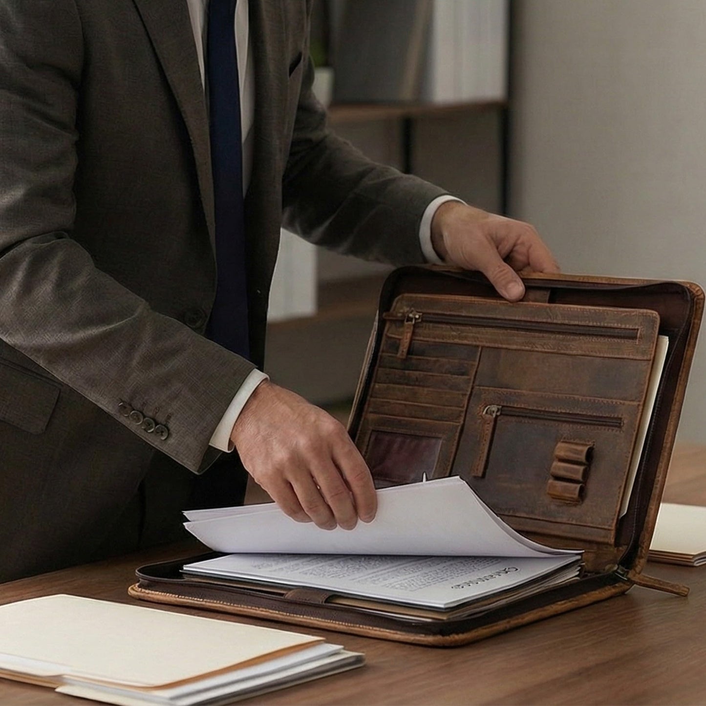 LEATHER VILLAGE Leather Portfolio Organizer - Professional Business Padfolio for Men & Women - Stylish Document Card Holder, Folio for A4/Letter Size Writing Legal Pad, Brown