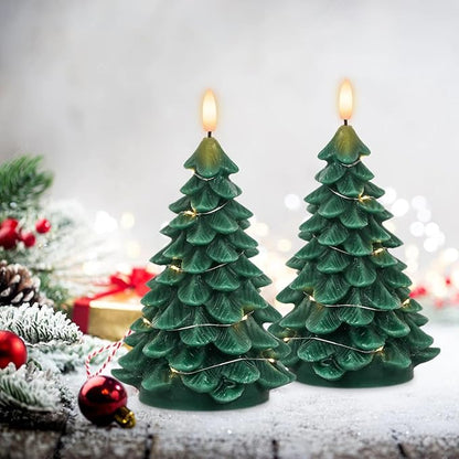 Christmas Tree Shaped LED Candles with Remote Timer, 2 Pcs Flameless Pillar Candles with Embedded String Lights, Battery Operated Flickering Green Candles for Christmas Home Décor