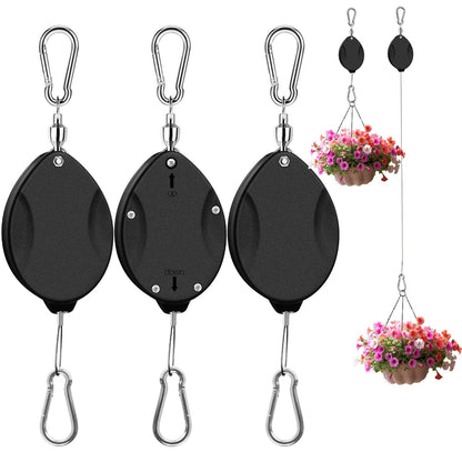 ZUZUAN 2025Upgraded 3Pcs Heavy Duty Retractable Plant Hanger,Plant Pulleys for Hanging Plants,Easy to Raise & Lower,Auto Lock,Adjustable Hook for Garden Baskets Pots,Birds Feeder and Grow Lights,Black