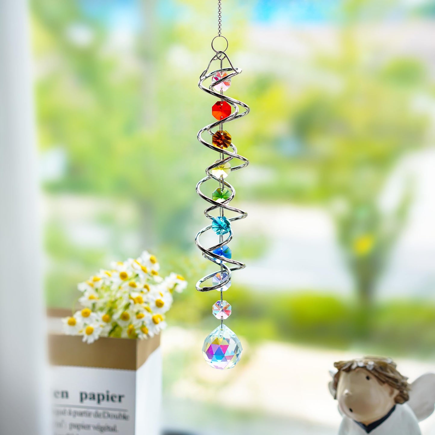 H&D HYALINE & DORA Sun Catchers for Windows,Crystal Sun Catcher with Seven Chakra Beads,Decorative Wind Spinner Tail Suncatcher for Indoor Christmas Decoration 20.5in