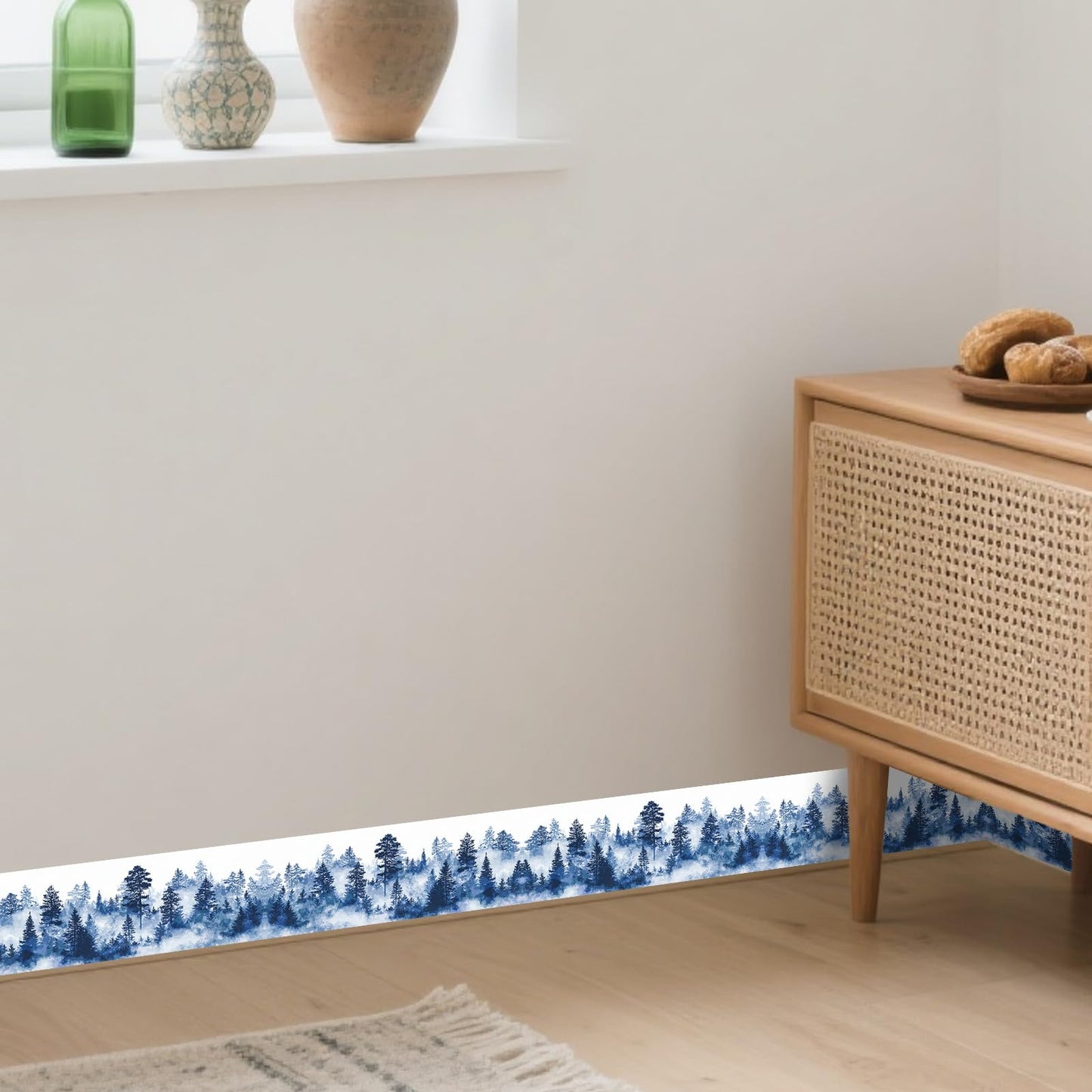 Nuxovilar Peel and Stick PVC Border - 3.94”×16.4 Ft Geometric/Wood/Floral/Christmas Patterns, Easy Apply Home Office Bathroom Decor (Blue Misty Forest Pattern)