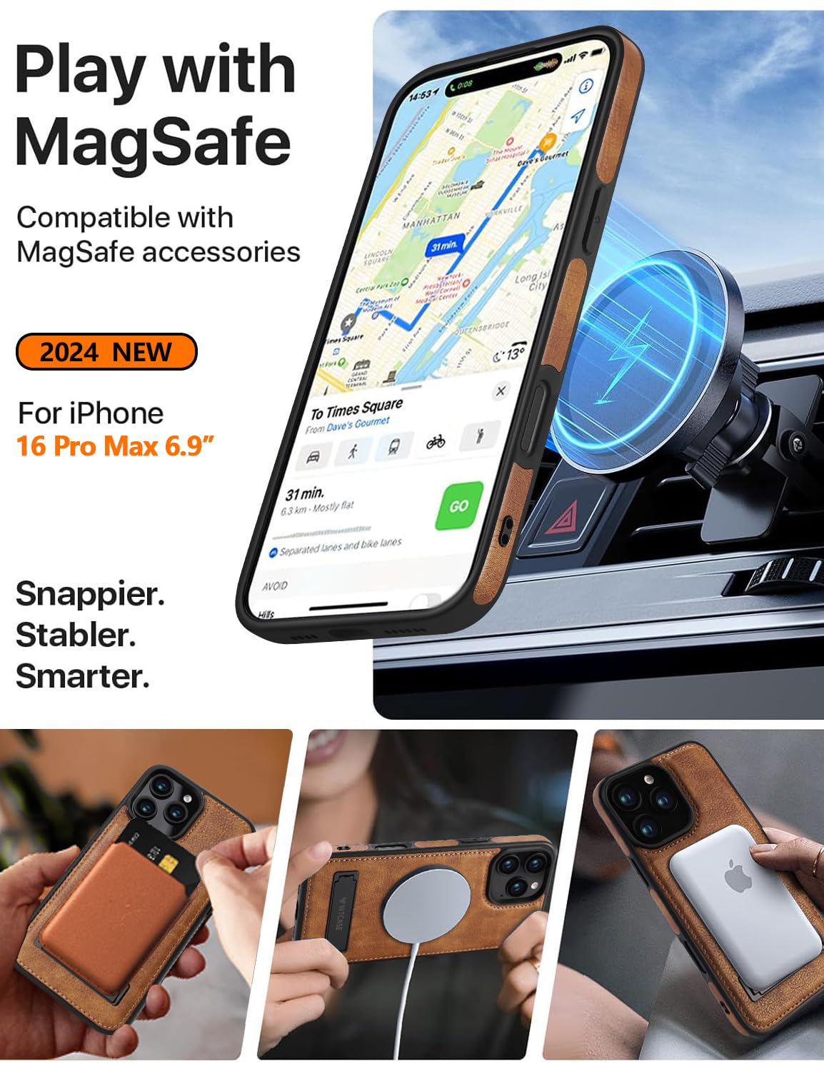 WTCASE Magnetic for iPhone 16 Pro Max Leather Case,Built-in Invisible Stand [Compatible with Magsafe] Protective Slim Kickstand Phone Cover Compatible with iPhone 16 Pro Max (2024) 6.9" (Brown)
