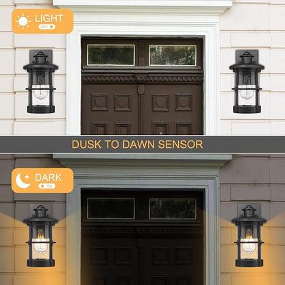 Outdoor Wall Sconces, Dusk to Dawn Outdoor Lights, Exterior Wall Mount Lighting, Entryway Light Fixture in Black Finish with Seeded Glass