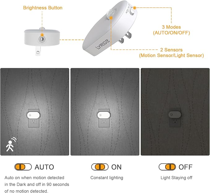 Lyridz Plug in Night Light with Motion Sensor, 120LM Superior Bright Smart Mini LED Nightlight, Cool White with Stepless Adjustable Brightness for Bathroom, Bedroom, Kitchen, Stairs, Hallway, 2 Pack