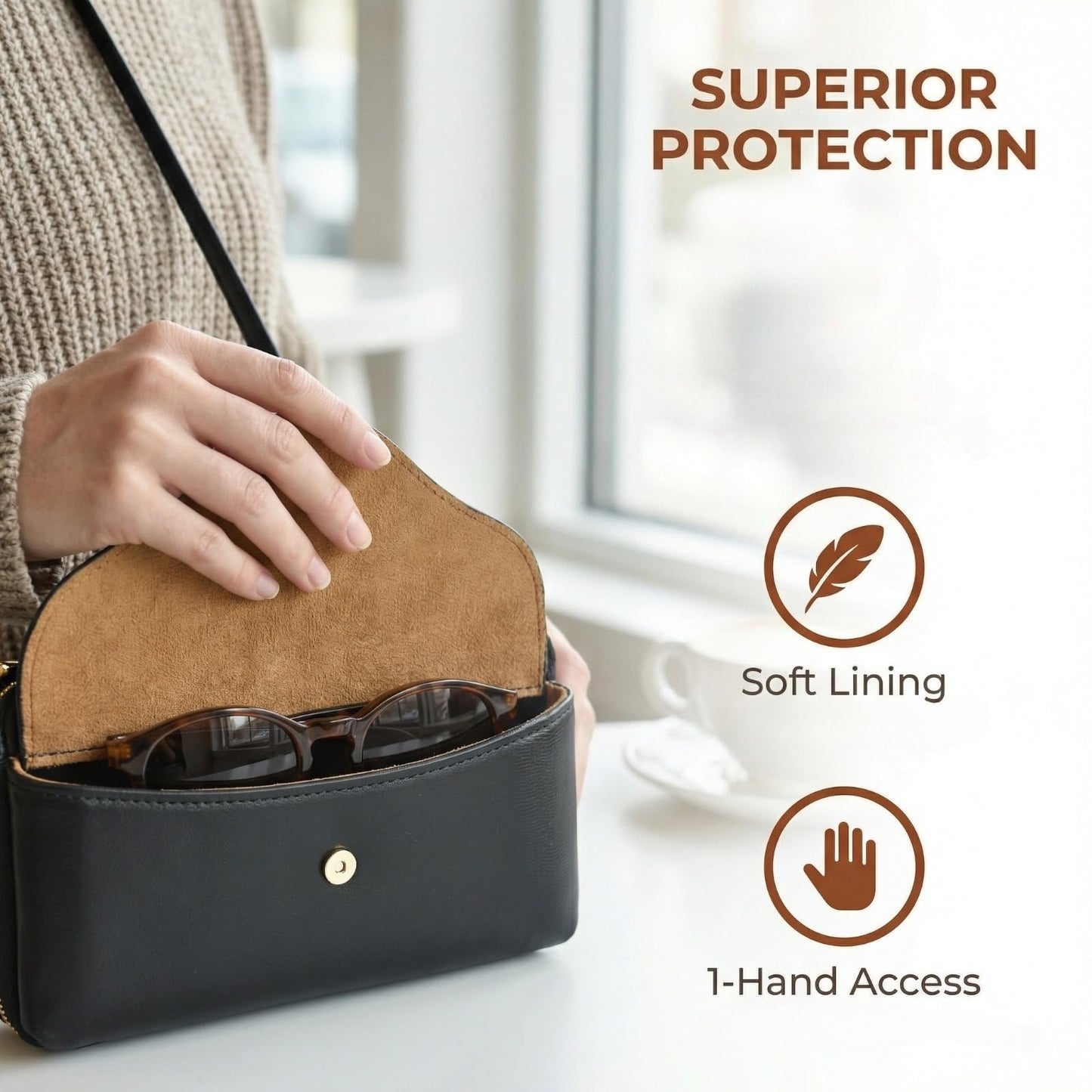 Tanmqin Glasses Case and Cell Phone Purse, Small Crossbody Bag for Women, PU Leather Travel Mini Bag with Shpulder Strap for Eyeglasses, Sunglasses, Smartphones, Accessories - Black