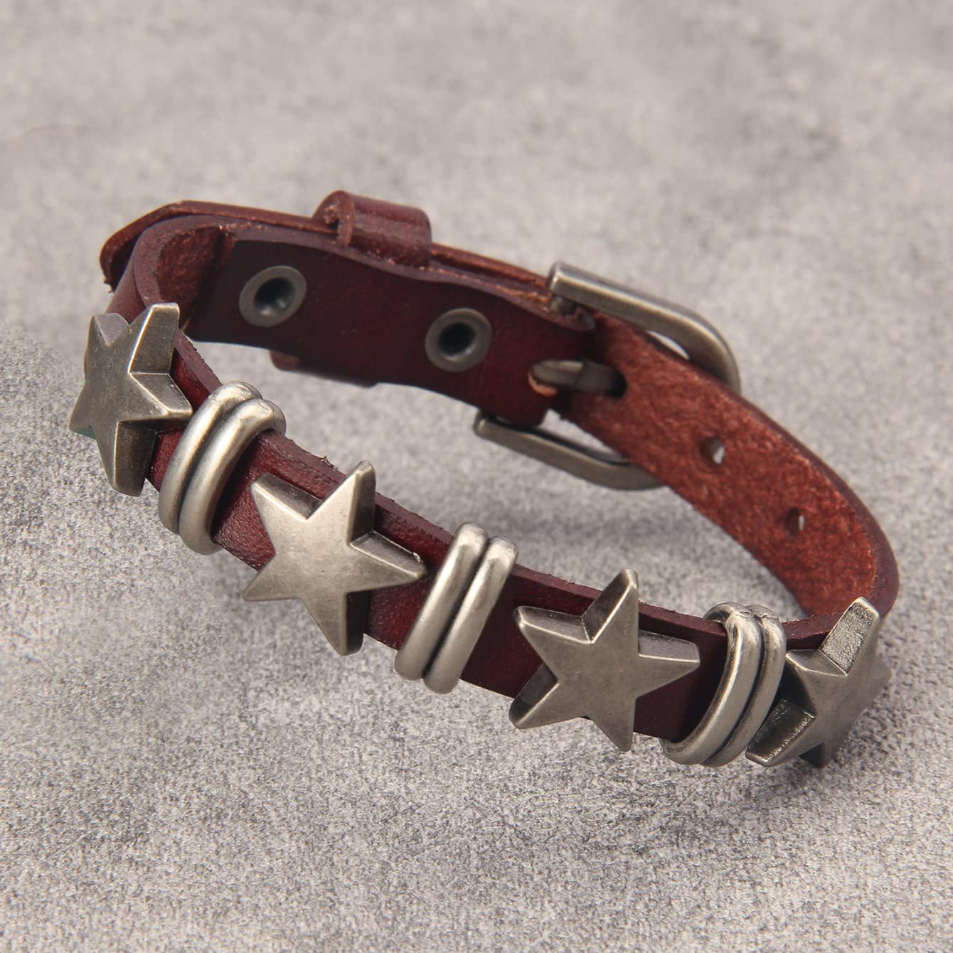 GelConnie Men's Leather Cuff Bracelet Leather Wristband Mens Brown Bracelets Biker Punk Bracelet Star Cuffs With Adjustable Straps