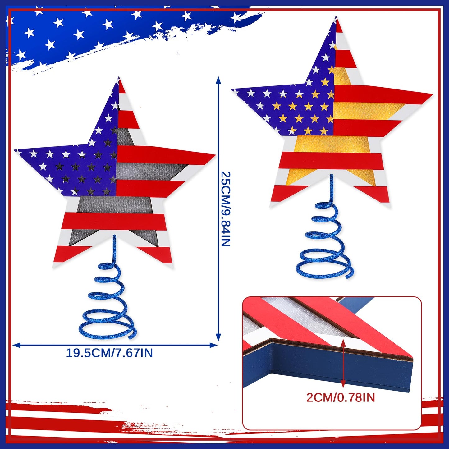 Fangoo 9.8 Inch 4th of July Patriotic Star Tree Topper with LED Lights Memorial Day USA 250th Anniversary Red White and Blue Christmas Tree Toppers for Independence Day Home Office Party Decor