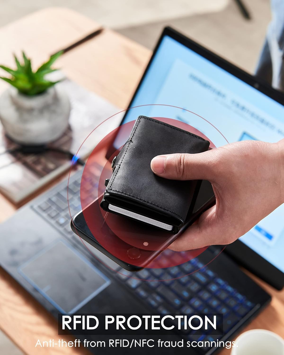 Plinvo Men's Slim Genuine Leather Wallet, RFID Protected with Airtag Holder and Minimalist Design (Black)