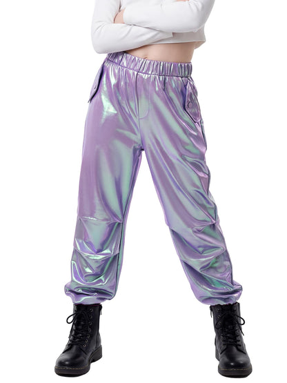 Stelle Girls Metallic Cargo Pants Shiny Hip Hop Dance Joggers Sparkly Stretchy Wide Leg Street Pants for Kids,Iridescent Purple,8-9 Years