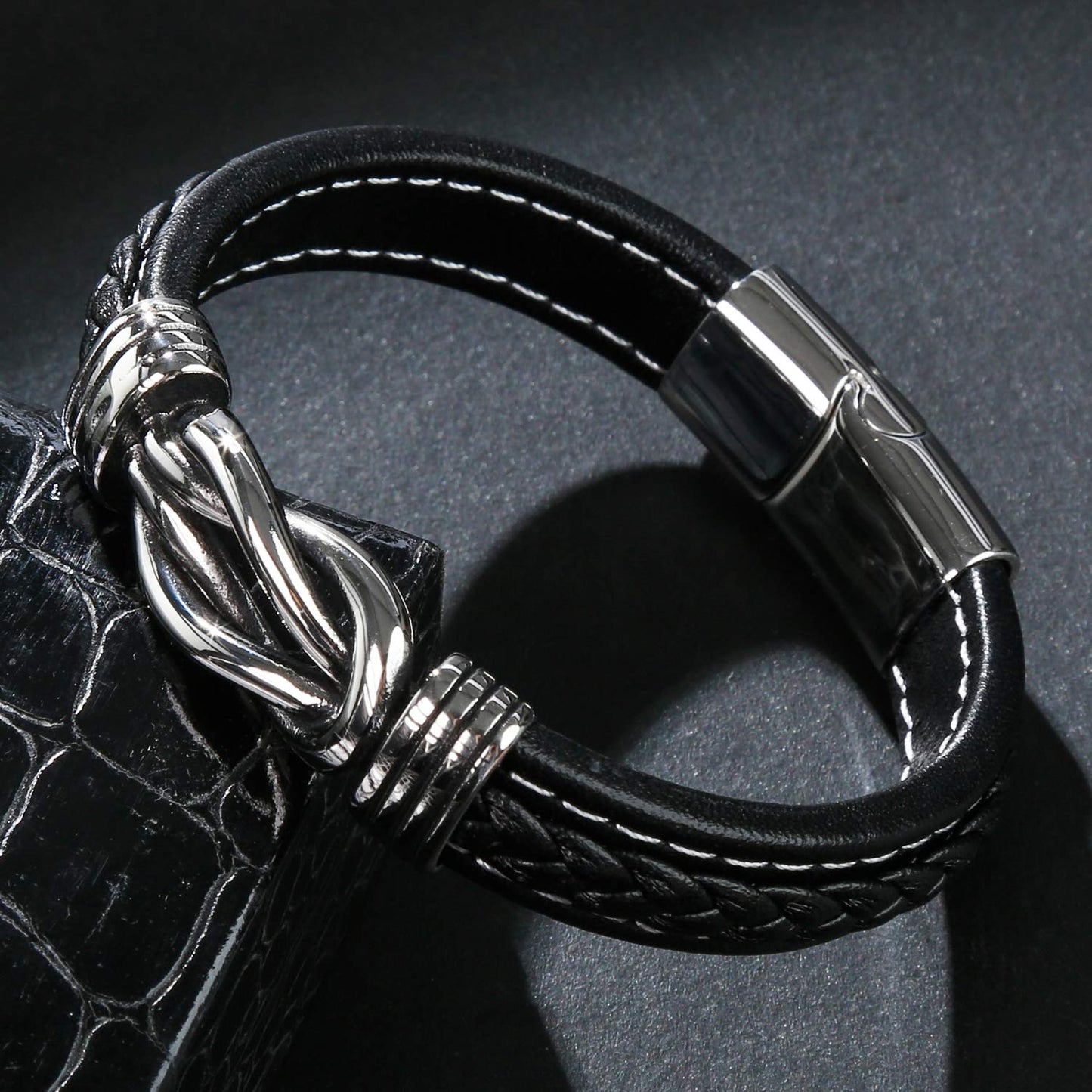 LJWVX Mens Leather Bracelet,Braided Leather Wristband Cuff Bracelets Stainless Steel Clasp,Jewellery Gift for Men Black 8.5inch