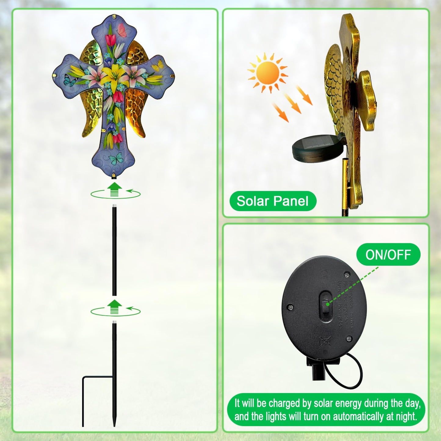 Solar Cross Garden Stakes for Graves,Lily Cemetery Decorations Yard Patio Decor,Golden Angel Wings Cross Lights Outdoor,Remembrance Gifts