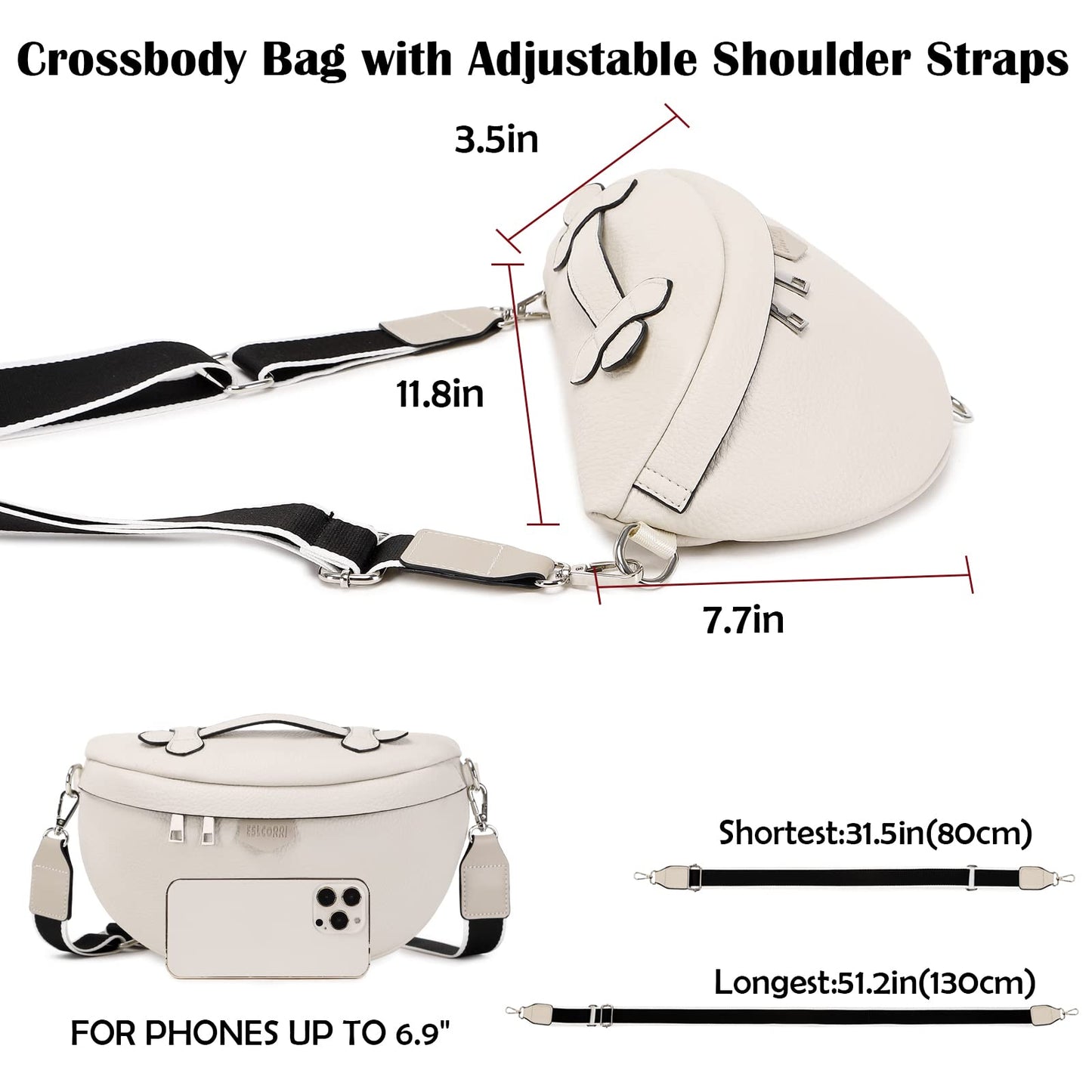 Eslcorri Crossbody Bags for Women - Fashion Sling Purse Shoulder Bag Fanny Pack Leather Casual Chest Bum Bag with Adjustable Wide Strap for Workout Traveling Running Shopping - off white