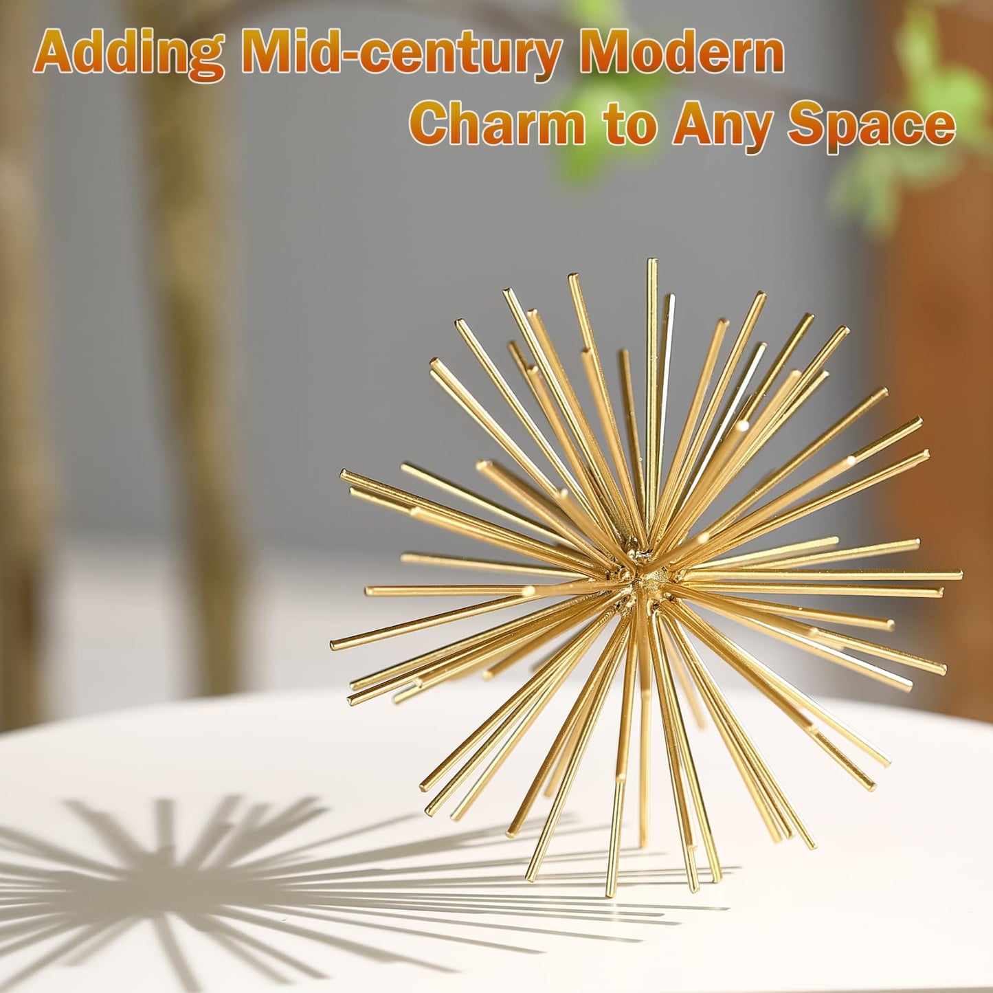 Metal Decorative Starburst Ball, 6 Inch Gold Sphere Decor, Spiky Star Burst Tabletop Sculpture, Mid-Century Modern Metal Spike Ball for Home, Living Room, Office & Shelf Decor