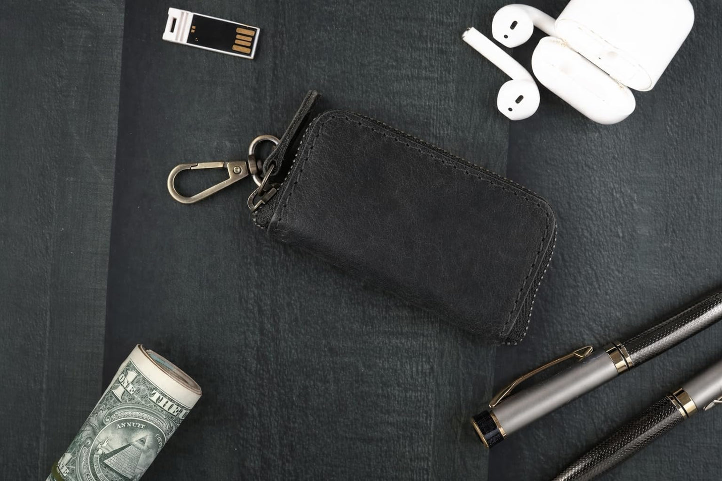 Handmade Full Grain Leather Car Key Holder & Zippered Coin Purse | Belt Loop Key Chain, Compact Earphone Holder Multi-Functional Money Purse Elegant Leather Accessory Versatile Key Organizer (Black)