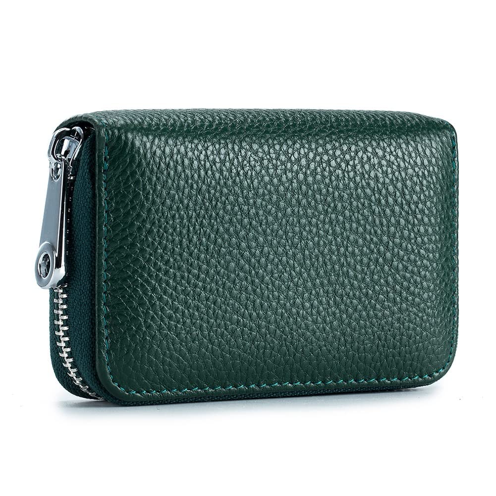 EASTNIGHTS RFID Credit Card Holder Genuine Leather Credit Card Wallet with Zipper (dark green)
