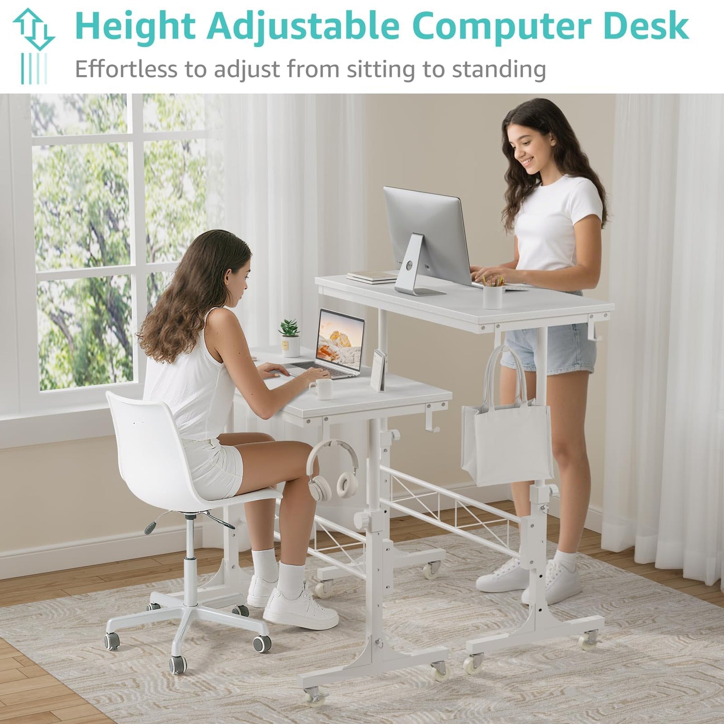 WINAZ Small Portable Treadmill Walking Pad Desk on Wheels, 32 Inch White Adjustable Height Mobile Rolling Standing Teacher Desks, Couch Sofa Side Laptop Stand Up Table for Bedroom, White