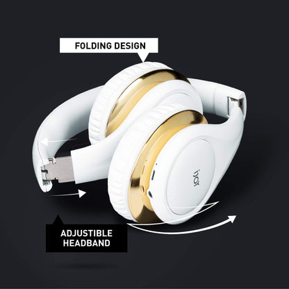 iJoy ISO Bluetooth 5.0 Wireless Over Ear Foldable Stereo Headphones with 30 Hours Battery and Built-in Microphone, (White/Gold)