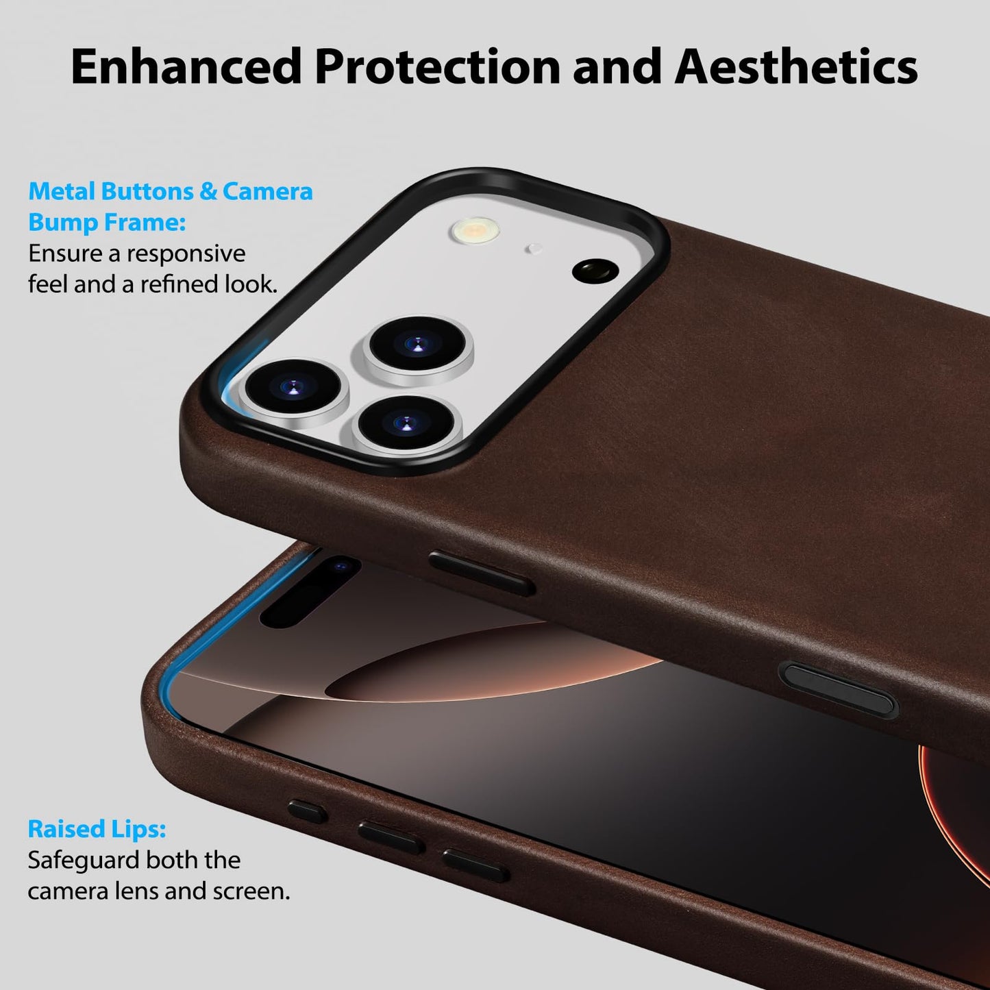 Belemay Handcrafted Full-Grain Vegetable-Tanned Leather Case for iPhone 17 Pro, Compatible with MagSafe, Two-Tone Effect, Natural Patina, Camera Control Button, Metal Buttons (6.3") Bourbon Brown