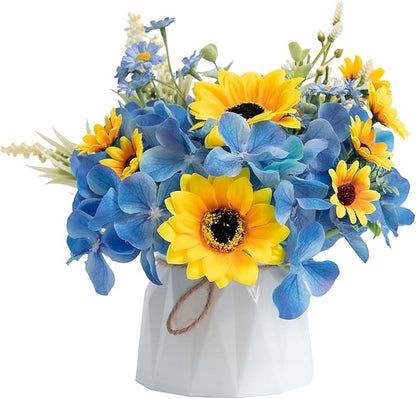 WELL KNOWN Small Fake Flowers in Plastic Vase 7" Centerpieces Coffee Table Decor, Silk Sunflower Arrangement for Home Decor Artificial Flower Bouquet for Dining Room Kitchen Wedding Summer Yellow Blue