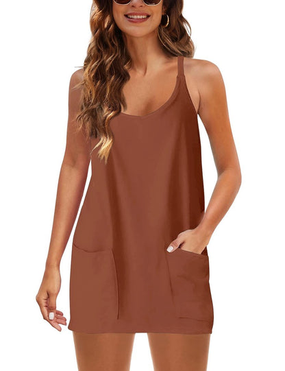 Lentta Womens Athletic Sleeveless Mini Dress with Built-in Shorts V Neck Sundress(Rust-XXL)