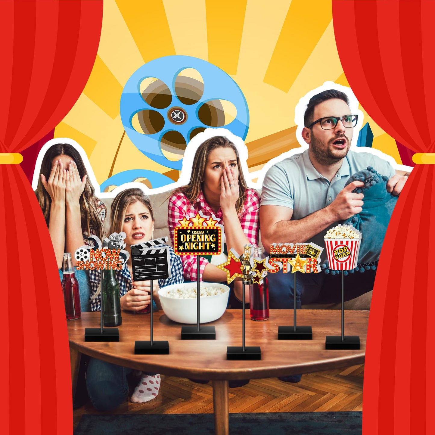 Briwooody 6 Pcs Movie Night Wooden Sign Set Movie Party Decorations Star Video Props Table Centerpiece Tall Standing Sign Popcorn Tabletop Decor for Birthday Night Party Supplies Home Decorations