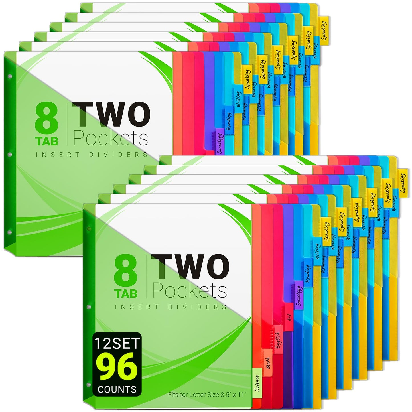 8-Tab Dividers for 3-Ring Binders, 96 Counts 3 Holes Index Dividers with 2 Pockets, Insertable 8 Tabs Binder Divider for 1/2''/1''/2''/3'' inch Binders, 8 Colors (12)