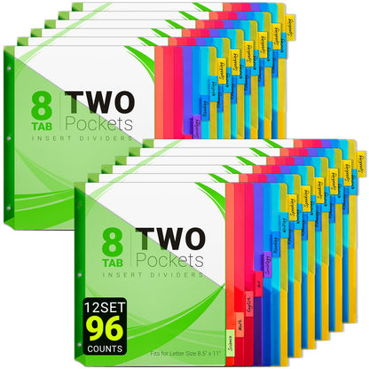 8-Tab Dividers for 3-Ring Binders, 96 Counts 3 Holes Index Dividers with 2 Pockets, Insertable 8 Tabs Binder Divider for 1/2''/1''/2''/3'' inch Binders, 8 Colors (12)