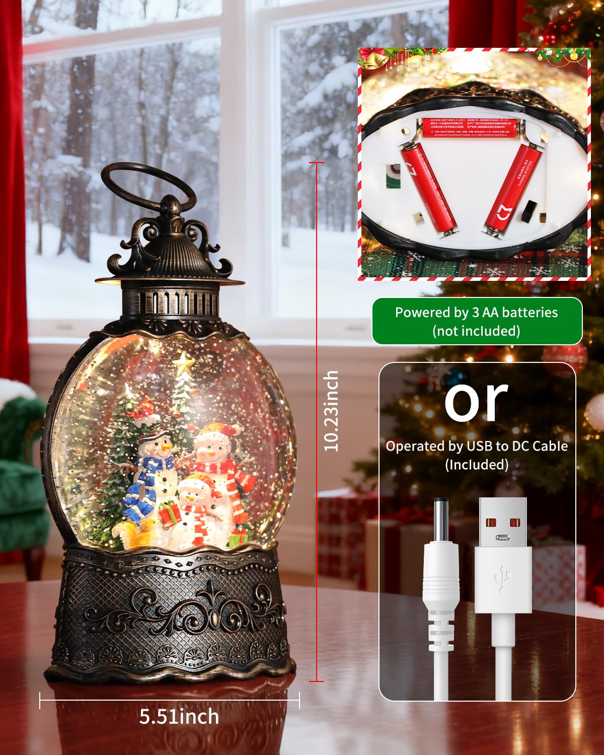Christmas Snow Globe Lantern with Frosty Snowman Cardinals for Christmas Decorations, with Music and Lighting Features，USB or Battery Operated