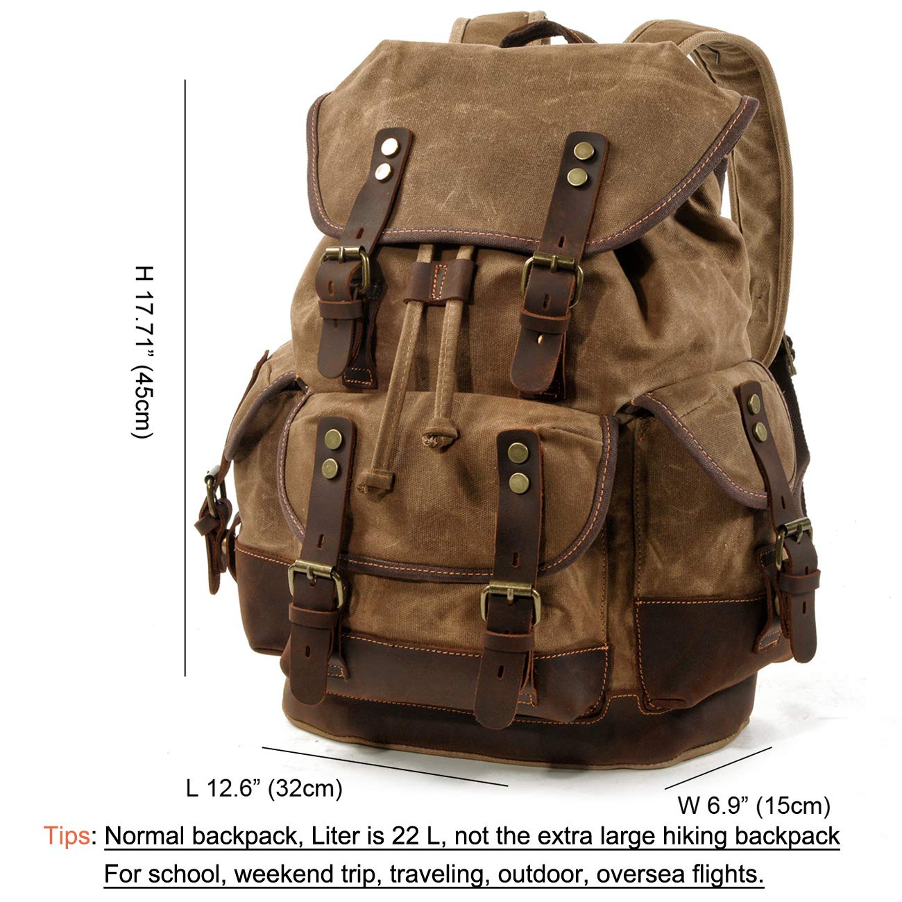 WUDON Men Travel Backpack, Genuine Leather-Waxed Canvas Shoulder Hiking Rucksack (Khaki)