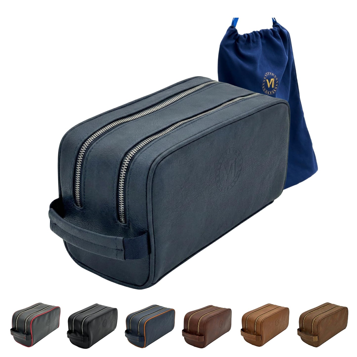 Toiletry Bag For Men, Premium PU Leather Dopp with Metal Zippers & Bottom Studs, Waterproof Grooming Kit for Men, Mens Birthday Gift, Includes Velvet Dust Bag & Shape-Retention Stuffing / NAVY BLUE