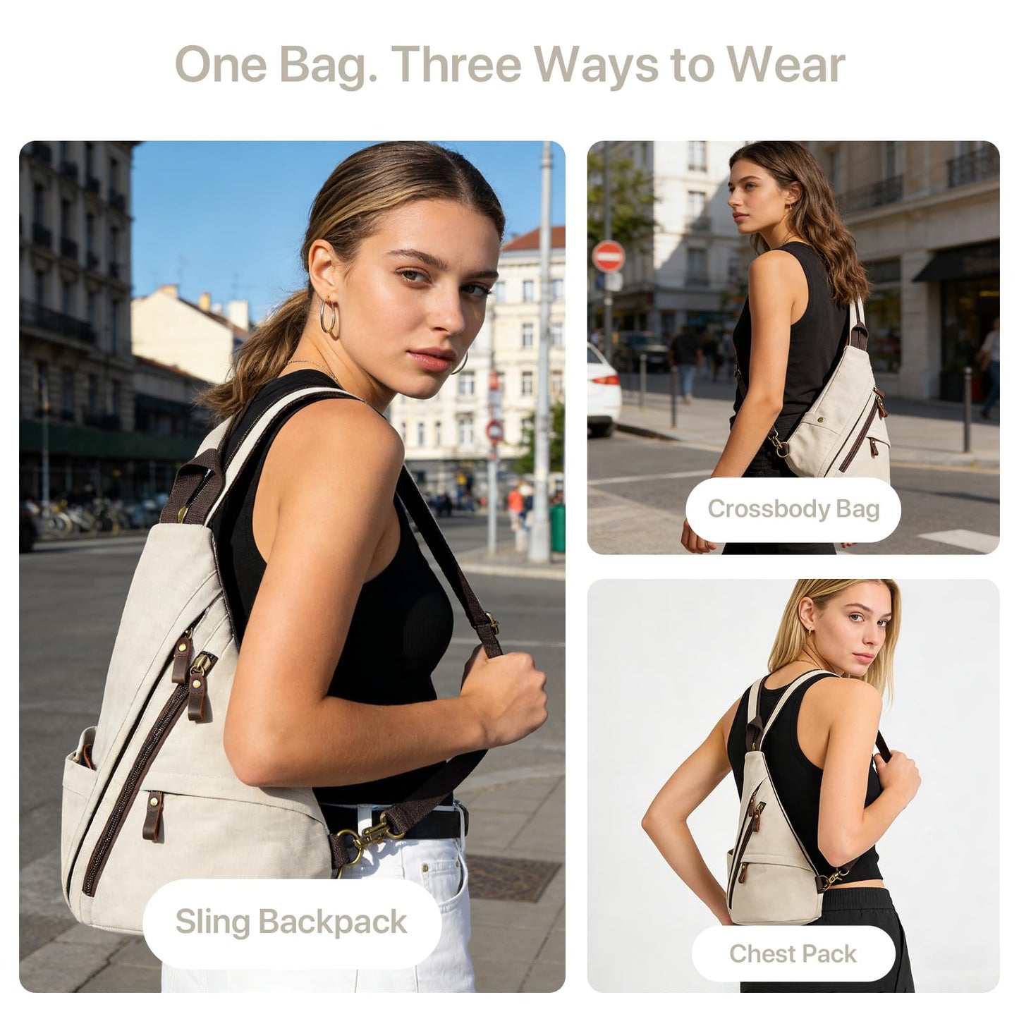 BRASS TACKS Leathercraft Vintage Canvas Sling Bag for Men and Women, 3-in-1 Convertible Crossbody Backpack Chest Bag with Genuine Leather Zipper, Large Capacity Travel Daypack (Off-White)
