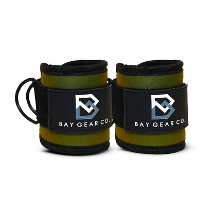 Bay Gear Co. Ankle Straps, Strong Hook and Loop System & Neoprene Padded for Cable Machine Glute Workouts, Slick Black Stainless Steel D Ring, Adjustable Fit for Men & Women, OD Green, Pair